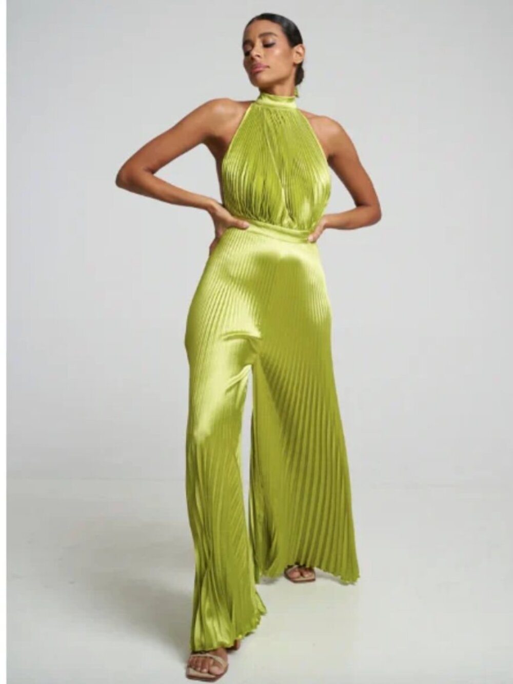 L’Idée Cinema Jumpsuit Chartreuse /Mojito Green Pleated Jumpsuit /size 6 / NEW